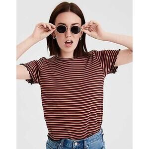 American Eagle Womens Striped Ribbed Short Sleeve Stretch Crop Shirt Top Medium